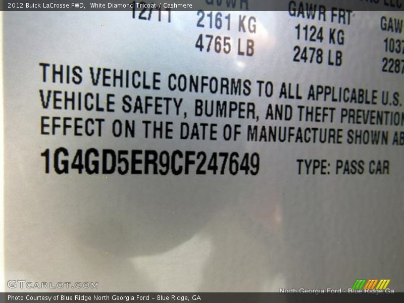 White Diamond Tricoat / Cashmere 2012 Buick LaCrosse FWD
