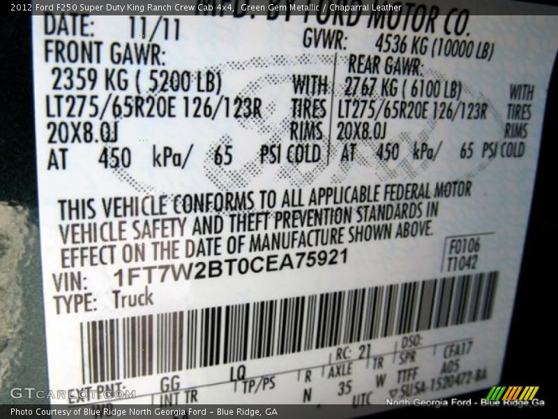 Green Gem Metallic / Chaparral Leather 2012 Ford F250 Super Duty King Ranch Crew Cab 4x4