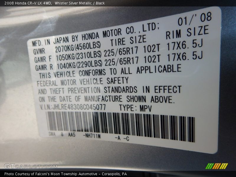 Whistler Silver Metallic / Black 2008 Honda CR-V LX 4WD