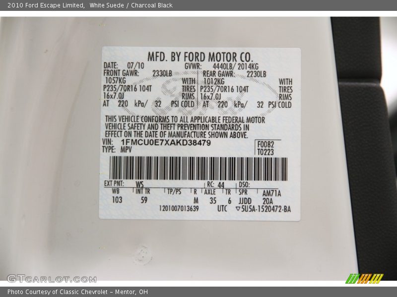 White Suede / Charcoal Black 2010 Ford Escape Limited