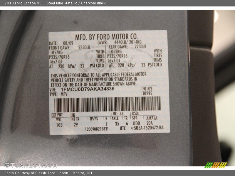 Steel Blue Metallic / Charcoal Black 2010 Ford Escape XLT