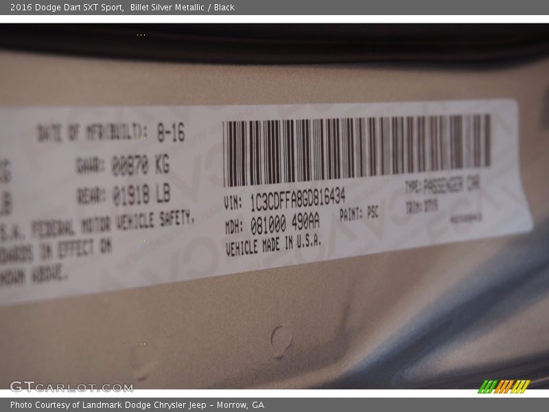 Billet Silver Metallic / Black 2016 Dodge Dart SXT Sport