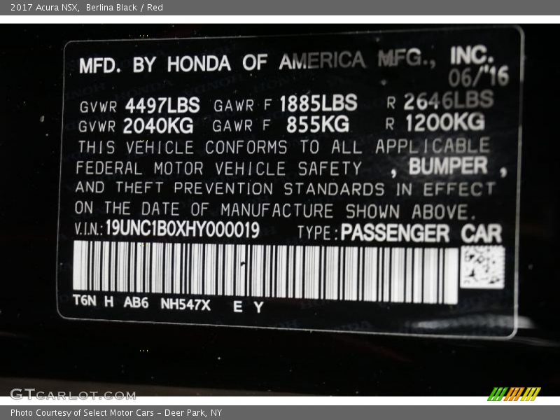 2017 NSX  Berlina Black Color Code NH547X
