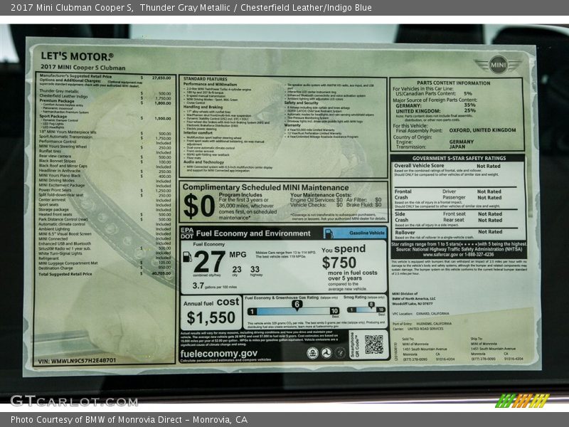  2017 Clubman Cooper S Window Sticker