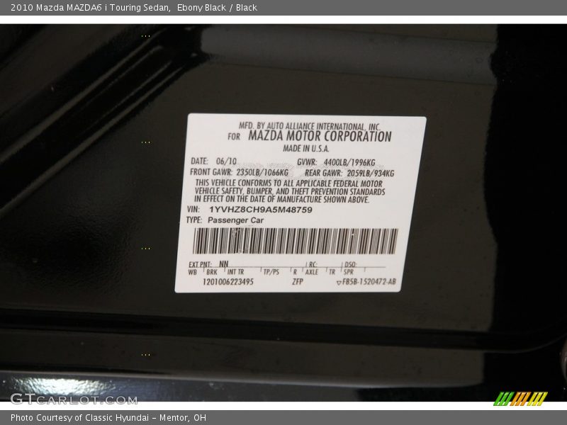 Ebony Black / Black 2010 Mazda MAZDA6 i Touring Sedan