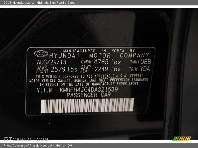 Midnight Blue Pearl / Camel 2013 Hyundai Azera