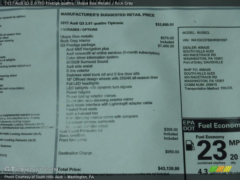  2017 Q3 2.0 TFSI Prestige quattro Window Sticker