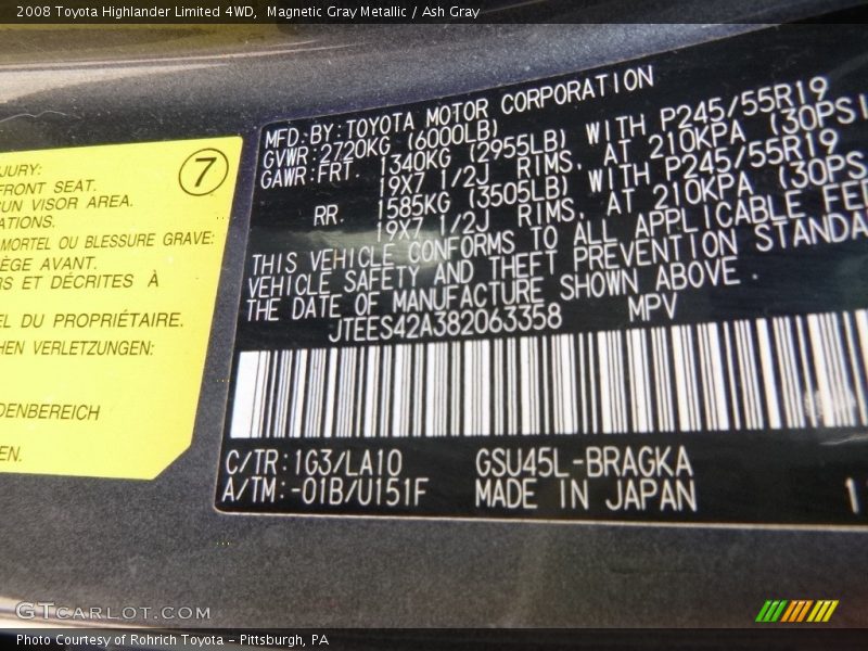 Magnetic Gray Metallic / Ash Gray 2008 Toyota Highlander Limited 4WD