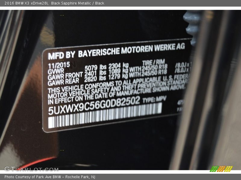 Black Sapphire Metallic / Black 2016 BMW X3 xDrive28i