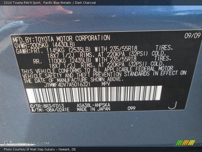 Pacific Blue Metallic / Dark Charcoal 2010 Toyota RAV4 Sport