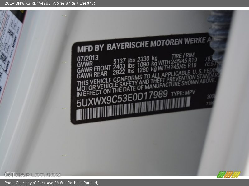 Alpine White / Chestnut 2014 BMW X3 xDrive28i