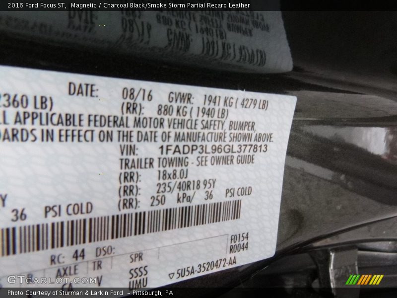 Magnetic / Charcoal Black/Smoke Storm Partial Recaro Leather 2016 Ford Focus ST