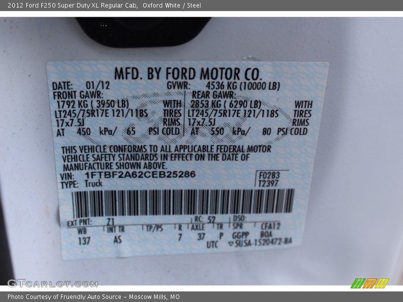 Oxford White / Steel 2012 Ford F250 Super Duty XL Regular Cab