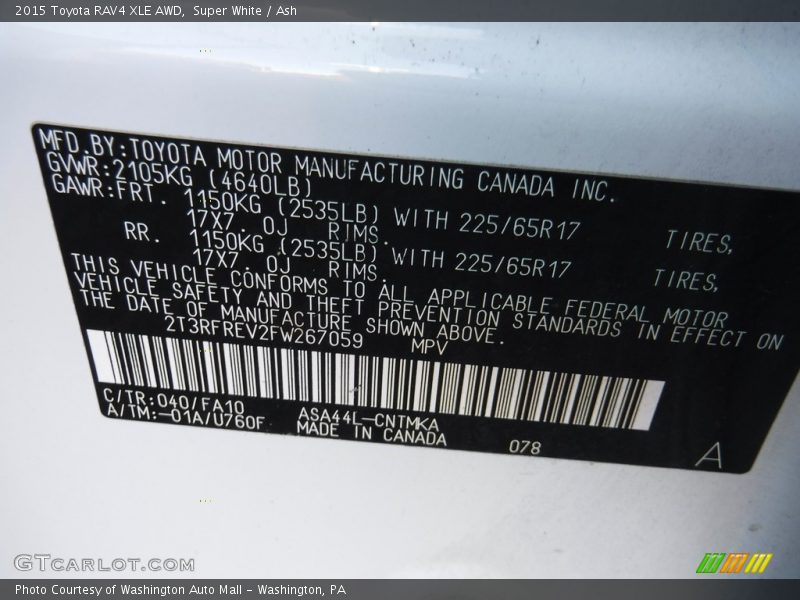 Super White / Ash 2015 Toyota RAV4 XLE AWD