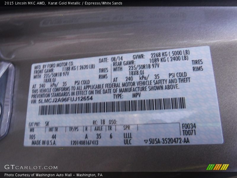 Karat Gold Metallic / Espresso/White Sands 2015 Lincoln MKC AWD
