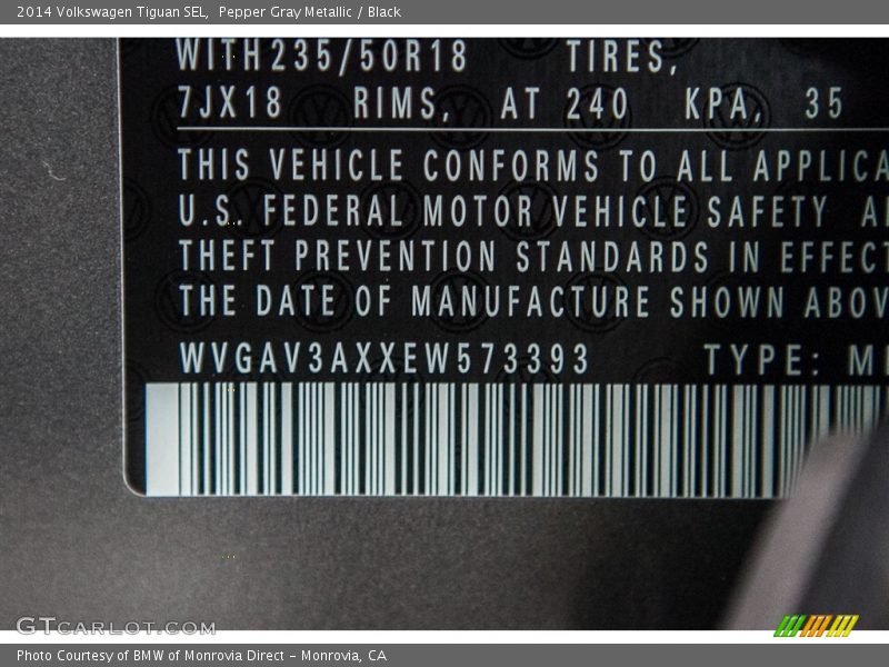 Pepper Gray Metallic / Black 2014 Volkswagen Tiguan SEL