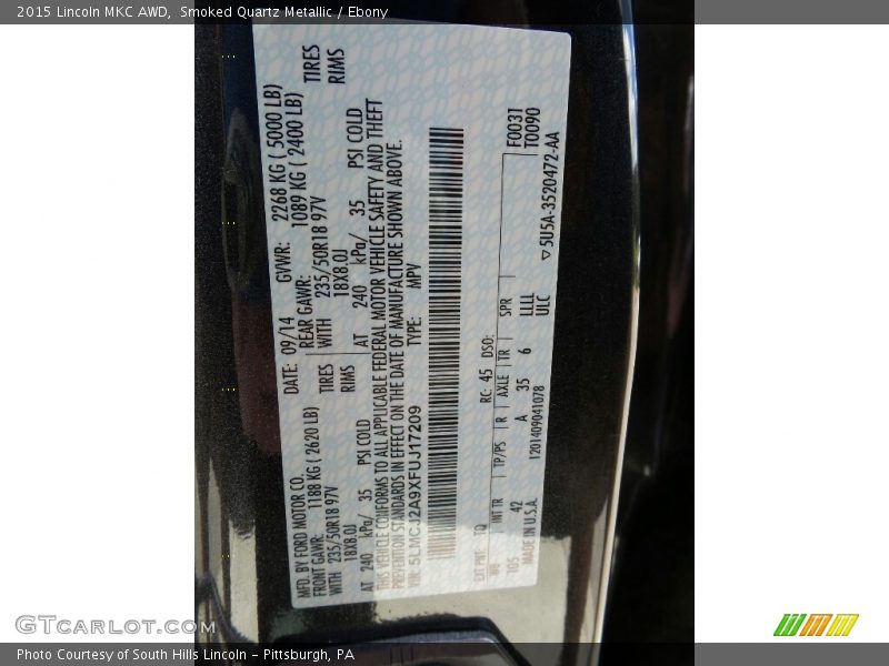 Smoked Quartz Metallic / Ebony 2015 Lincoln MKC AWD