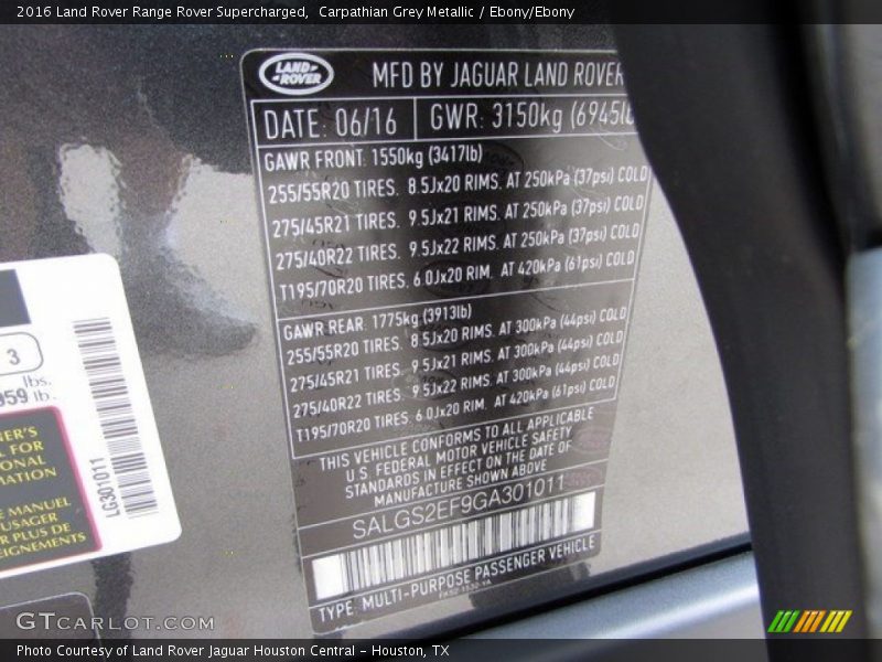 Carpathian Grey Metallic / Ebony/Ebony 2016 Land Rover Range Rover Supercharged