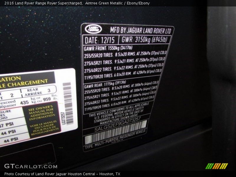 Aintree Green Metallic / Ebony/Ebony 2016 Land Rover Range Rover Supercharged