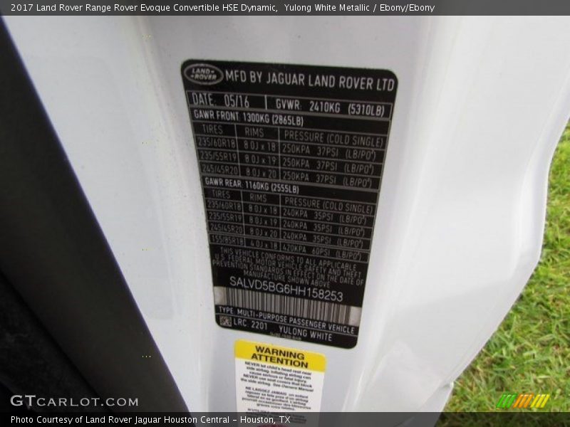 2017 Range Rover Evoque Convertible HSE Dynamic Yulong White Metallic Color Code 2201