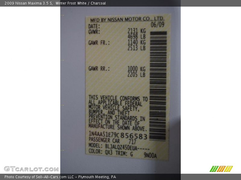 Winter Frost White / Charcoal 2009 Nissan Maxima 3.5 S