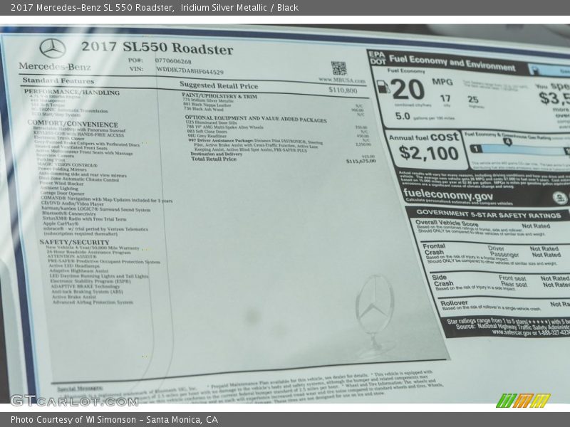  2017 SL 550 Roadster Window Sticker