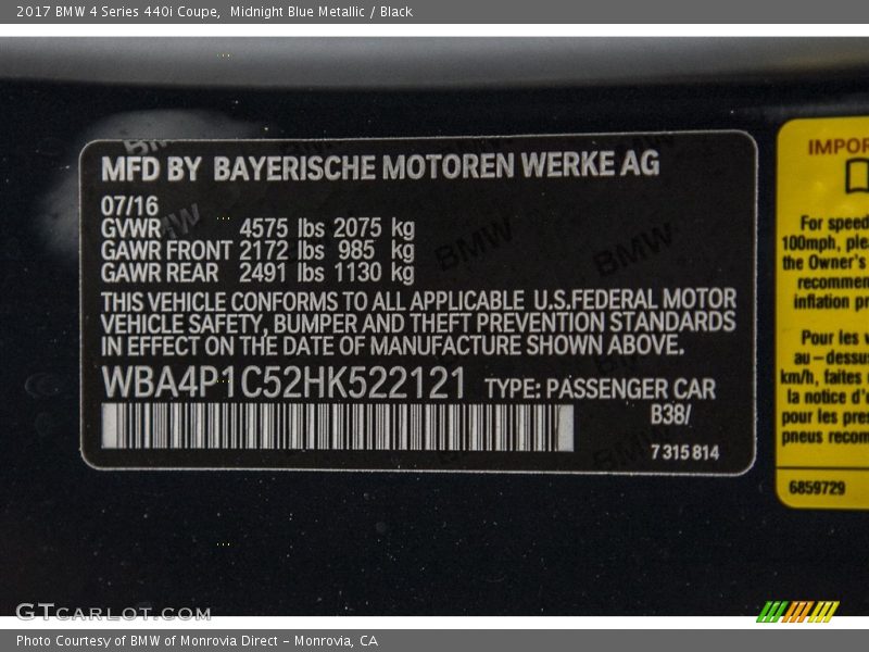 2017 4 Series 440i Coupe Midnight Blue Metallic Color Code B38