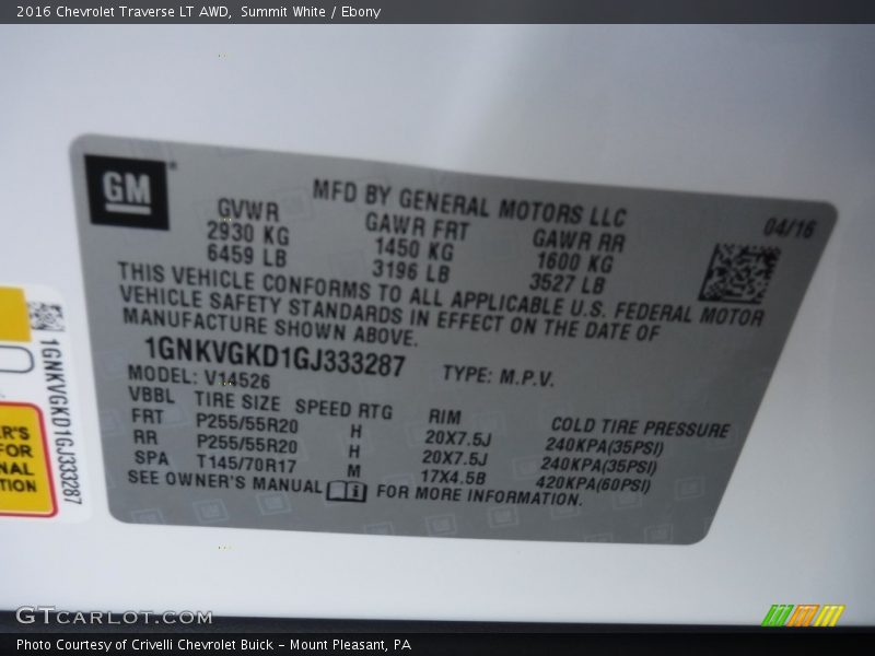 Summit White / Ebony 2016 Chevrolet Traverse LT AWD
