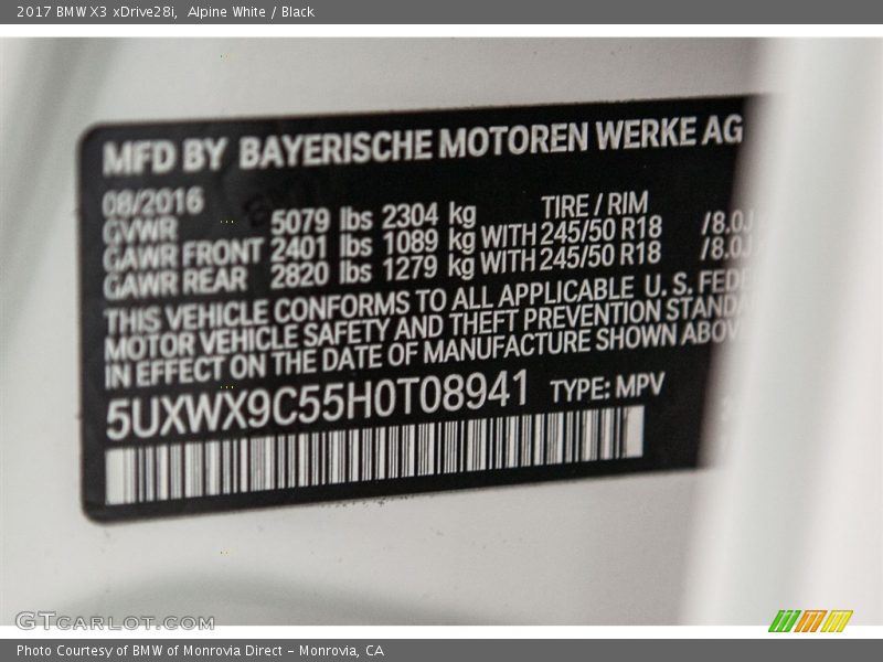 Alpine White / Black 2017 BMW X3 xDrive28i