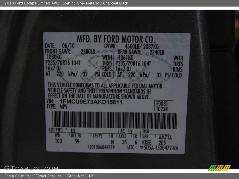 Sterling Grey Metallic / Charcoal Black 2010 Ford Escape Limited 4WD