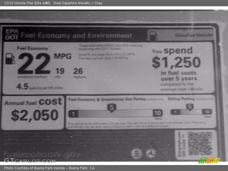 Steel Sapphire Metallic / Gray 2016 Honda Pilot Elite AWD