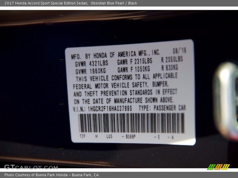 Obsidian Blue Pearl / Black 2017 Honda Accord Sport Special Edition Sedan