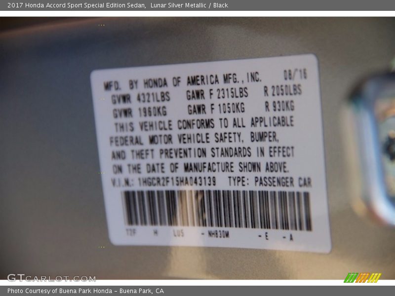 Lunar Silver Metallic / Black 2017 Honda Accord Sport Special Edition Sedan