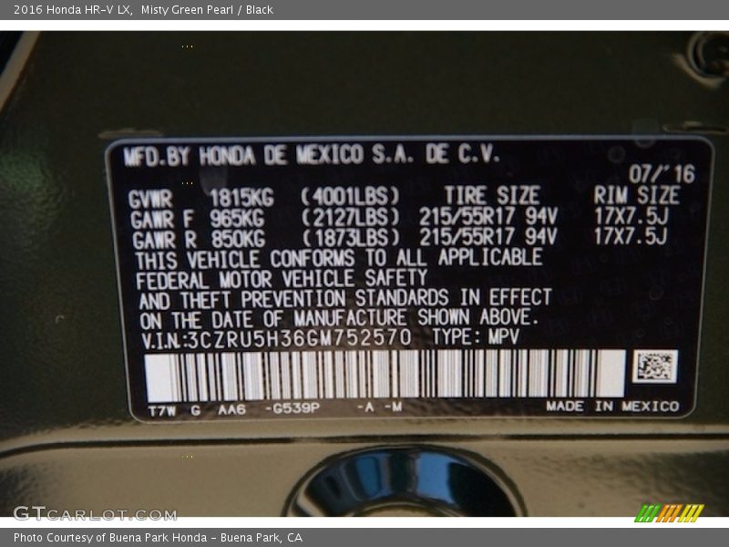 Misty Green Pearl / Black 2016 Honda HR-V LX