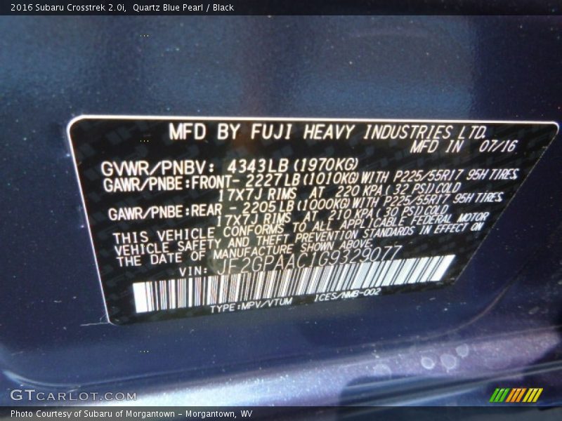 Quartz Blue Pearl / Black 2016 Subaru Crosstrek 2.0i