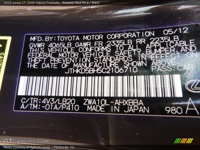 Matador Red Mica / Black 2012 Lexus CT 200h Hybrid Premium