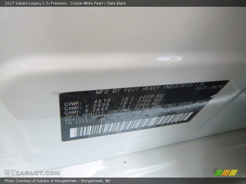 Crystal White Pearl / Slate Black 2017 Subaru Legacy 2.5i Premium