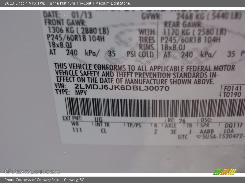 White Platinum Tri-Coat / Medium Light Stone 2013 Lincoln MKX FWD