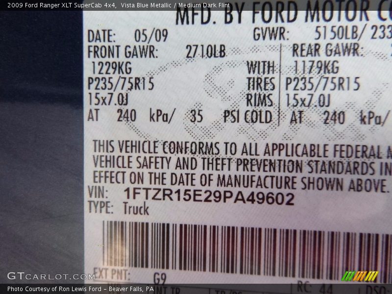 Vista Blue Metallic / Medium Dark Flint 2009 Ford Ranger XLT SuperCab 4x4