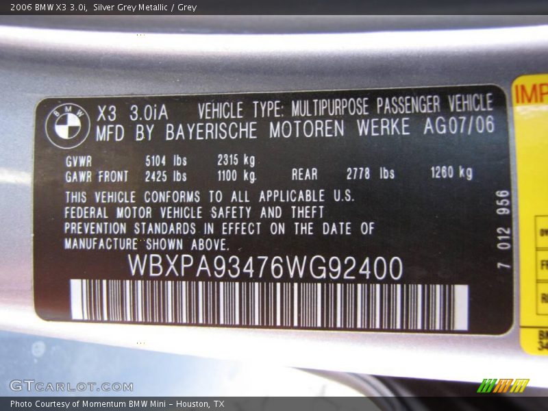 Silver Grey Metallic / Grey 2006 BMW X3 3.0i