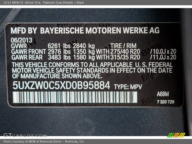 2013 X5 xDrive 35d Platinum Gray Metallic Color Code A68