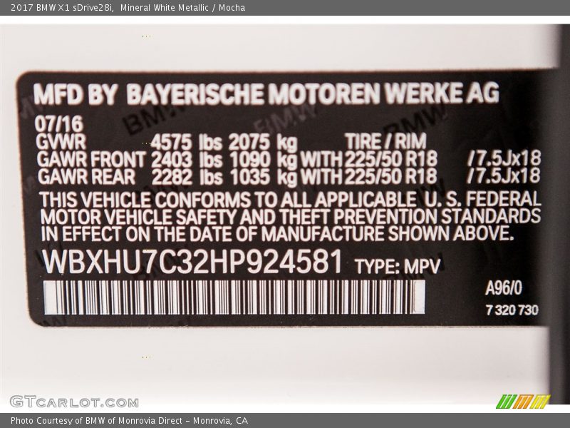 2017 X1 sDrive28i Mineral White Metallic Color Code A96