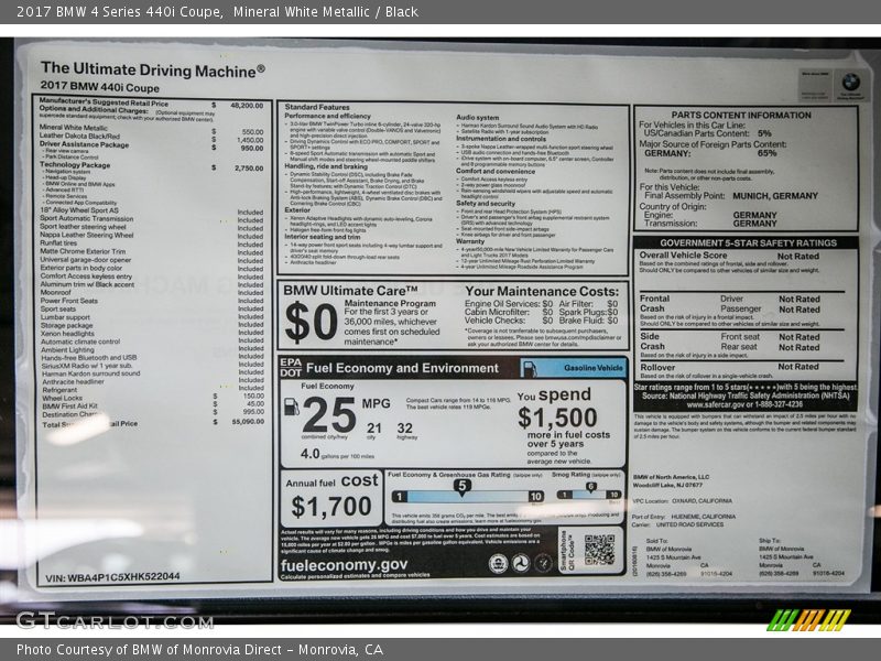  2017 4 Series 440i Coupe Window Sticker