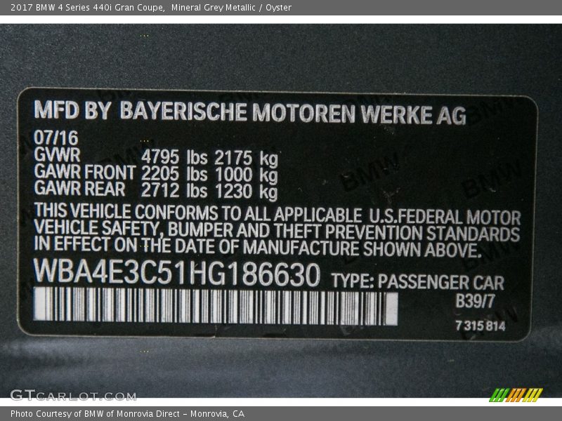 2017 4 Series 440i Gran Coupe Mineral Grey Metallic Color Code B39