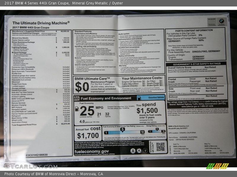  2017 4 Series 440i Gran Coupe Window Sticker