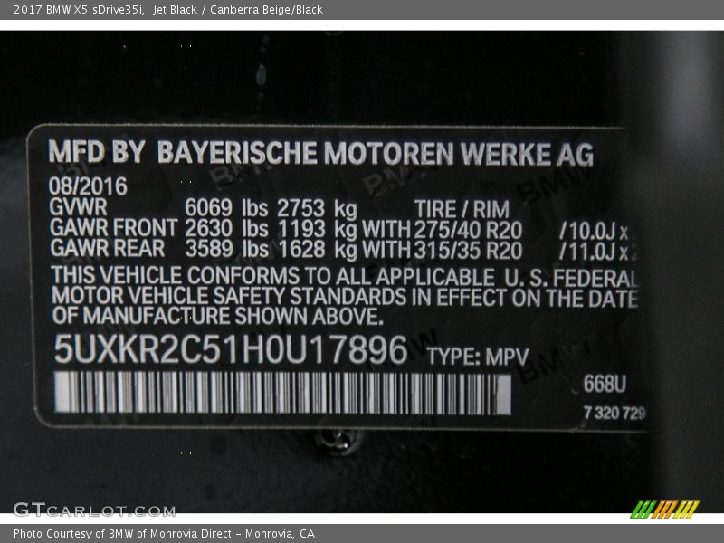 2017 X5 sDrive35i Jet Black Color Code 668