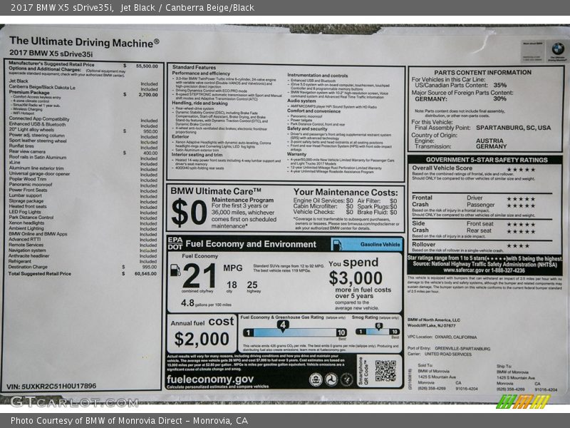  2017 X5 sDrive35i Window Sticker