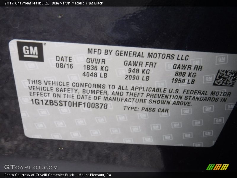 Blue Velvet Metallic / Jet Black 2017 Chevrolet Malibu LS