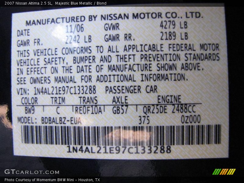 Majestic Blue Metallic / Blond 2007 Nissan Altima 2.5 SL