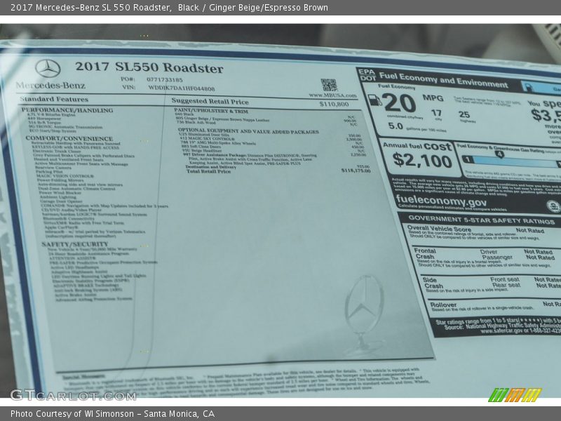  2017 SL 550 Roadster Window Sticker